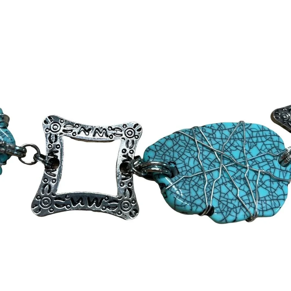 Silver Tone Adjustable Chain Wire‎ Wrapped Faux Turquoise Chunky Belt